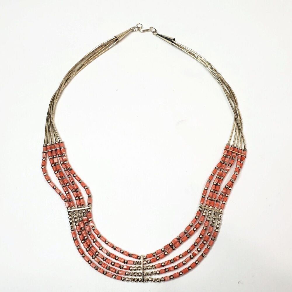 Liquid Sterling Silver Rhodocrosite Multistrand Southwestern Style Necklace 15.5